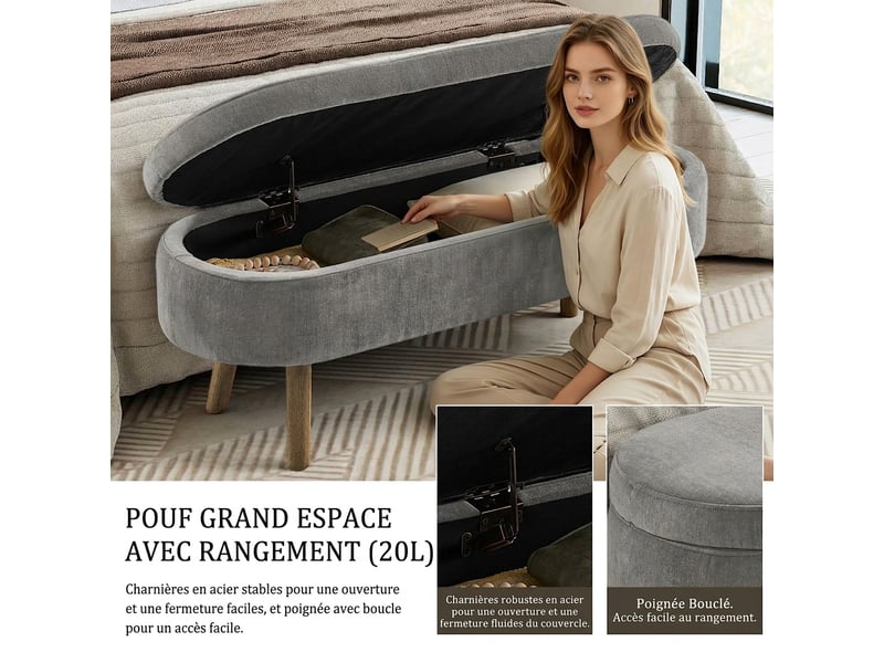  Banc de rangement gris foncé 110 cm en tissu chenille avec coffre et pieds en bois  - Conforama E