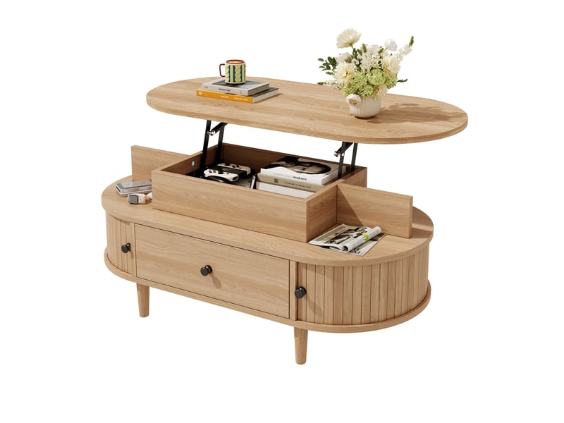  Table basse relevable ovale avec tiroir, 2 étagères ouvertes et 2 portes coulissantes en mdf naturel 105 × 50 × 60,5 cm  - Conforama A