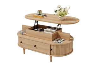 Table basse relevable ovale avec tiroir, 2 étagères ouvertes et 2 portes coulissantes en mdf naturel 105 × 50 × 60,5 cm