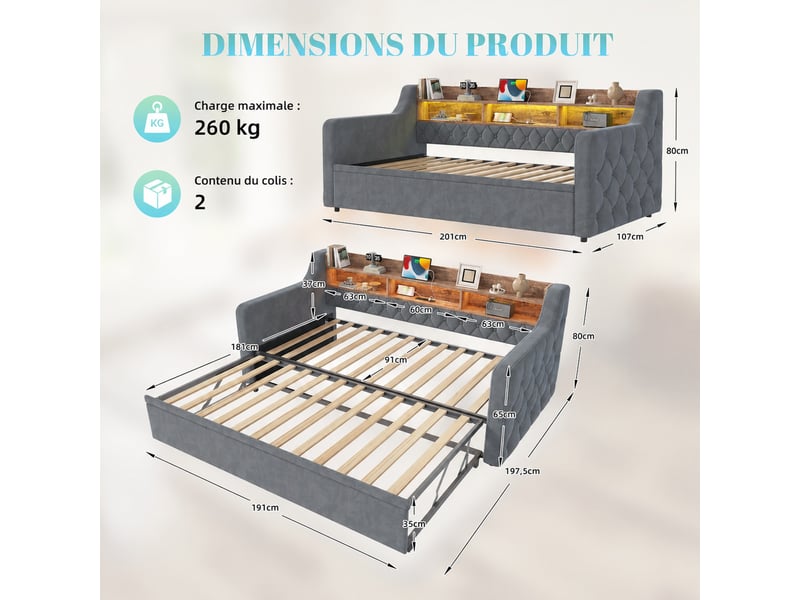 Lit banquette 2 places 90x190 cm en velours avec lit gigogne, rangement, led, usb et type-c, sans matelas, gris foncé - Conforama D