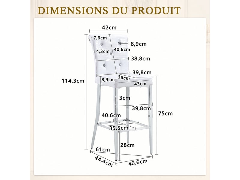  Lot de 2 tabourets de bar blancs, dossier haut, simili effet crocodile, assise 75 cm  - Conforama C