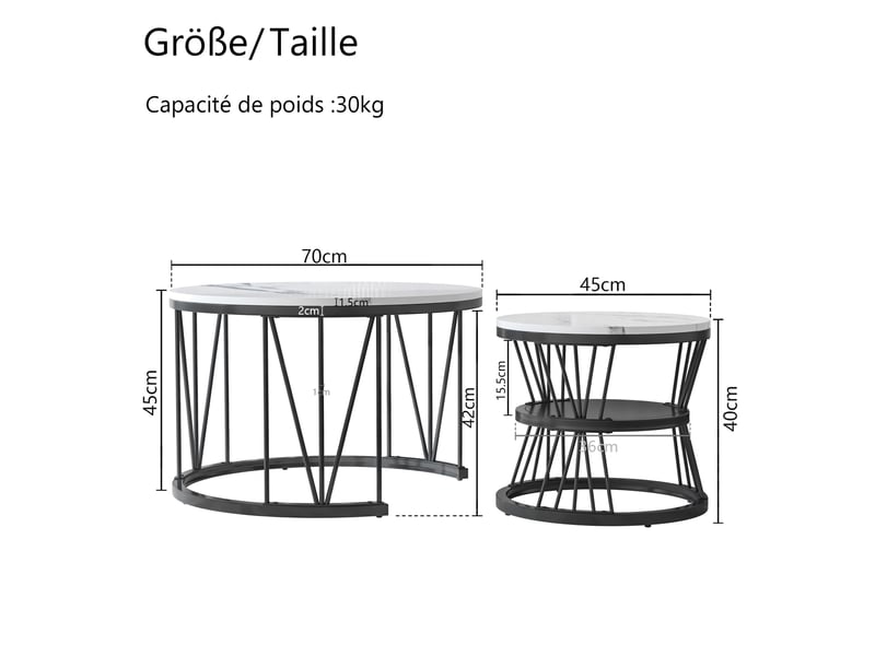  Lot de 2 tables basses - 70x70x45cm - table de salon gigognes rondes, effet marbre blanc, structure métallique v - noir  - Conforama E