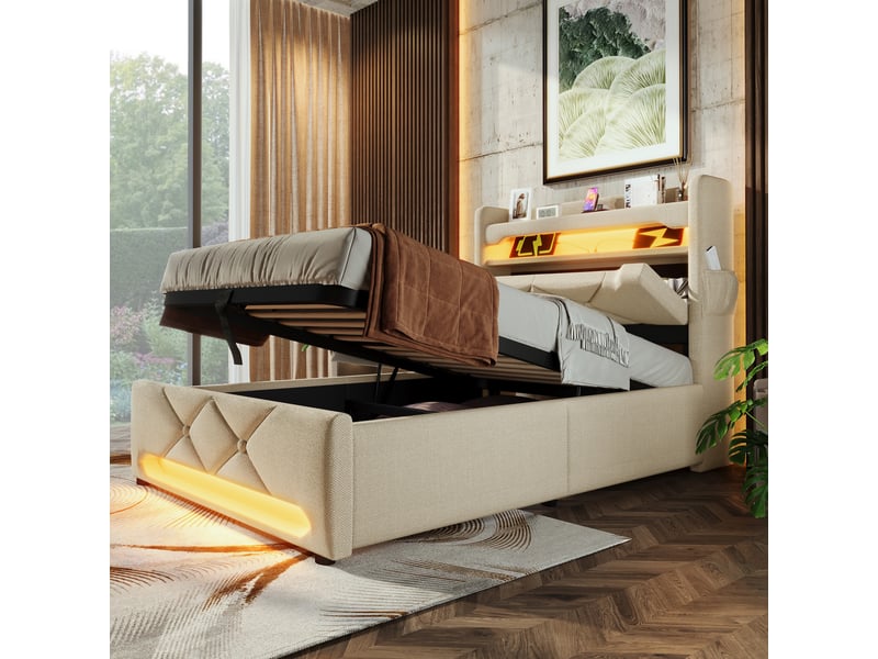  Lit coffre hydraulique 90 x 200 cm en lin beige, led et ports usb et type-c  - Conforama B