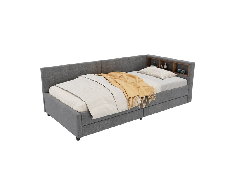 Lit enfant 90x200cm, canapé-lit avec led, rangement, tiroirs, charge, sommier, lin gris, sans matelas - Conforama A