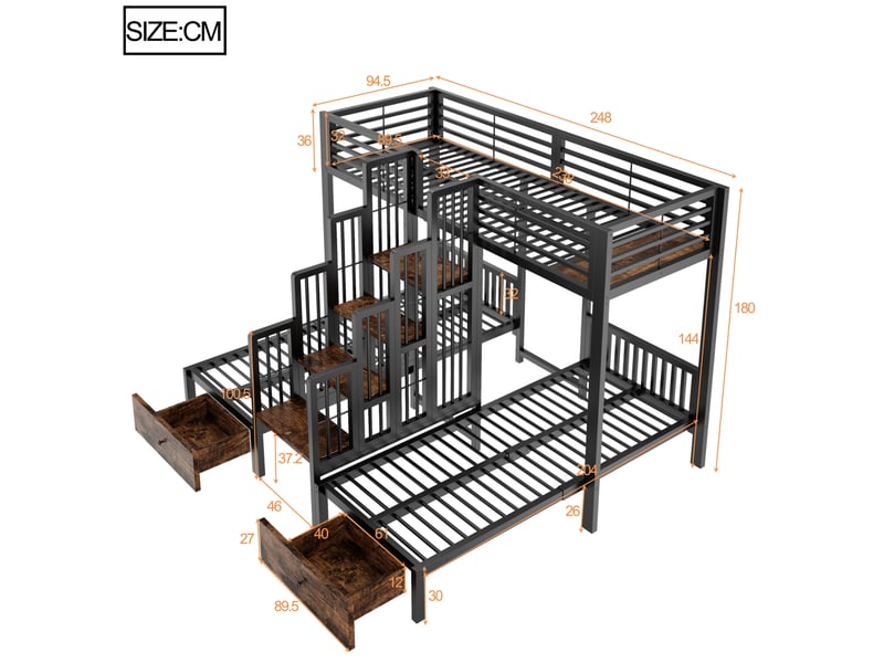  Lit superposé triple 90x200 cm avec escalier central, tiroirs et garde-corps noir  - Conforama C