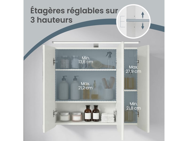 Armoire murale pour salle de bain, 3 portes miroir, avec éclairage, étagères ajustables, 15 x 60 x 55 cm, blanc  - Conforama E