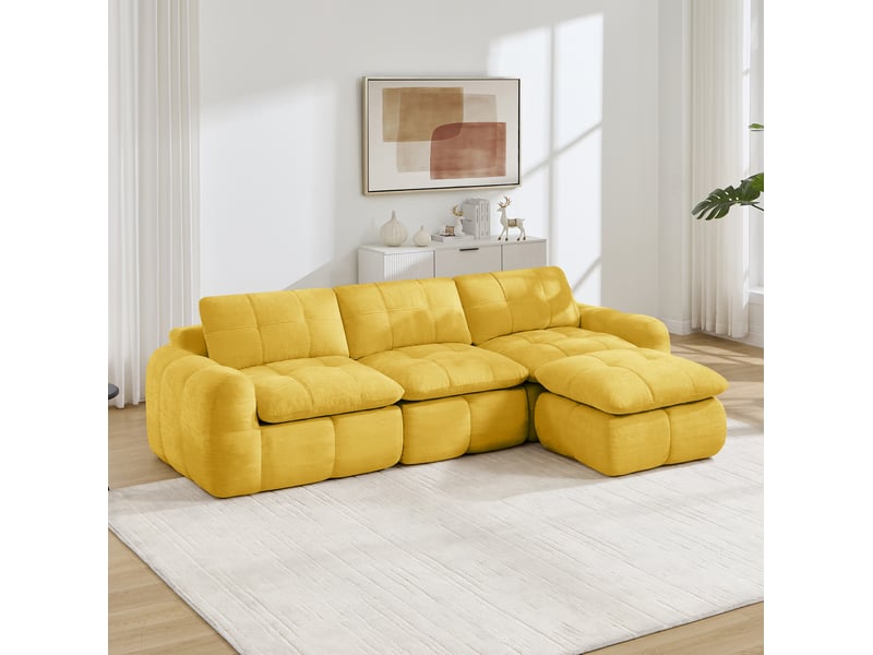  Canapé d'angle réversible 3 places modulaire avec pouf, sans cadre en chenille jaune 264 × 160 × 68 cm  - Conforama D