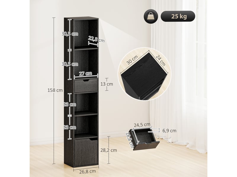 Bibliothèque, étagère à livres, meuble de rangement avec tiroir placard compartiments ouvertes, 30 x 24 x 158 cm, noir  - Conforama E