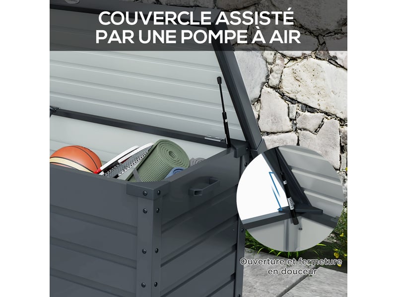  Coffre de rangement extérieur 295l, avec vérin à gaz, roulettes et poignée, en acier galvanisé, gris, 100 x 62 x 65 cm  - Conforama R