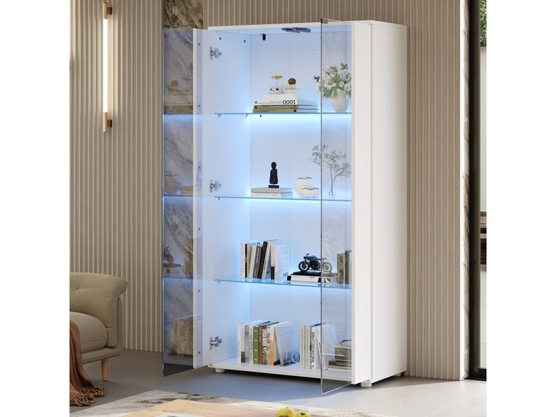 Vitrine 2 portes vitrées, 4 étagères et éclairage led réglable, design moderne pour salon, blanc 80 × 36 × 150 cm - Conforama E