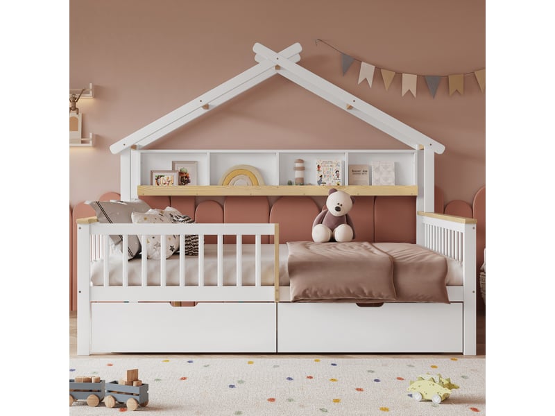  Lit enfant cabane 140x200 cm - avec barrières de sécurité et toit, 2 tiroirs à roulettes, bois, blanc et naturel, sans matelas  - Conforama E