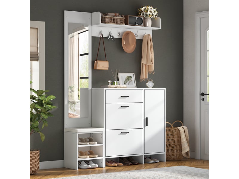  Vestiaire d'entrée avec meuble à chaussures, porte-manteau de couloir multifonctionnel avec miroir et banc de rangement, 140x30x200cm, blanc  - Conforama B