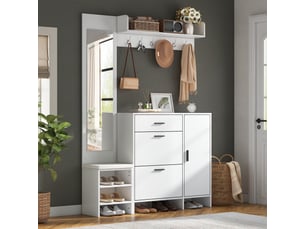 Vestiaire d'entrée avec meuble à chaussures, porte-manteau de couloir multifonctionnel avec miroir et banc de rangement, 140x30x200cm, blanc