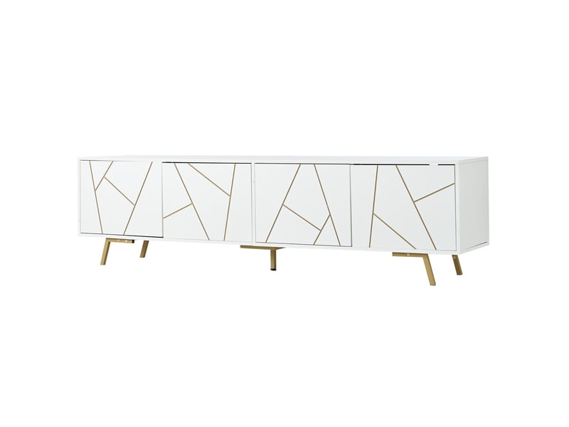  Meuble tv 190x40x51.5 cm, buffet de salon pour téléviseur jusqu'à 85 pouces, meuble bas de rangement à 4 portes et 5 pieds, blanc et doré  - Conforama A