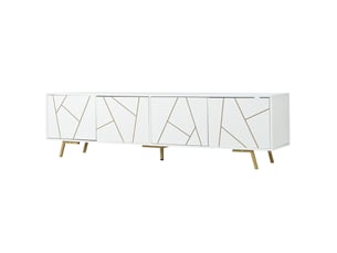 Meuble tv 190x40x51.5 cm, buffet de salon pour téléviseur jusqu'à 85 pouces, meuble bas de rangement à 4 portes et 5 pieds, blanc et doré