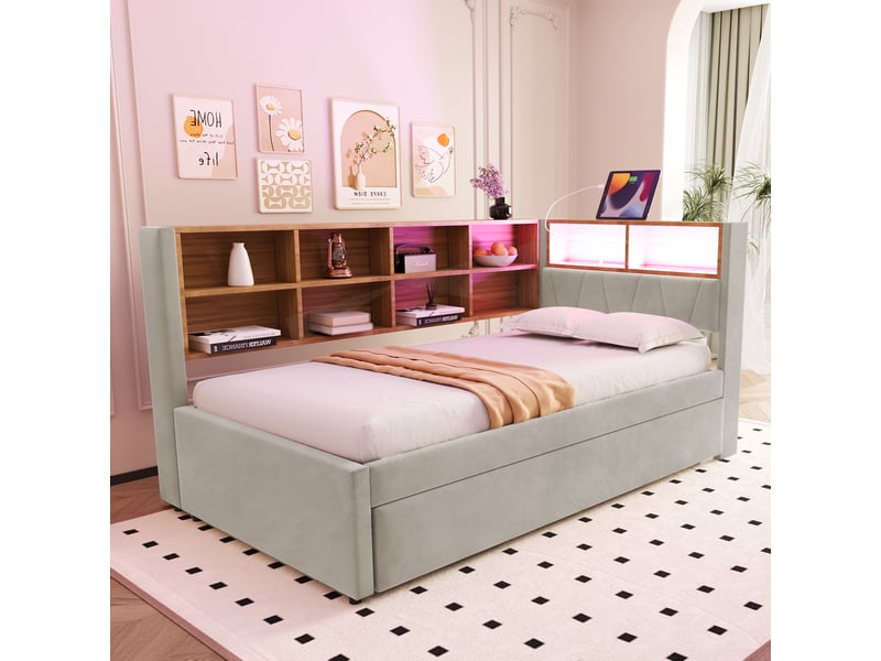  Canapé-lit 90x200 cm + gigogne 90x190 cm avec led et prises, flanelle gris clair, sans matelas  - Conforama R