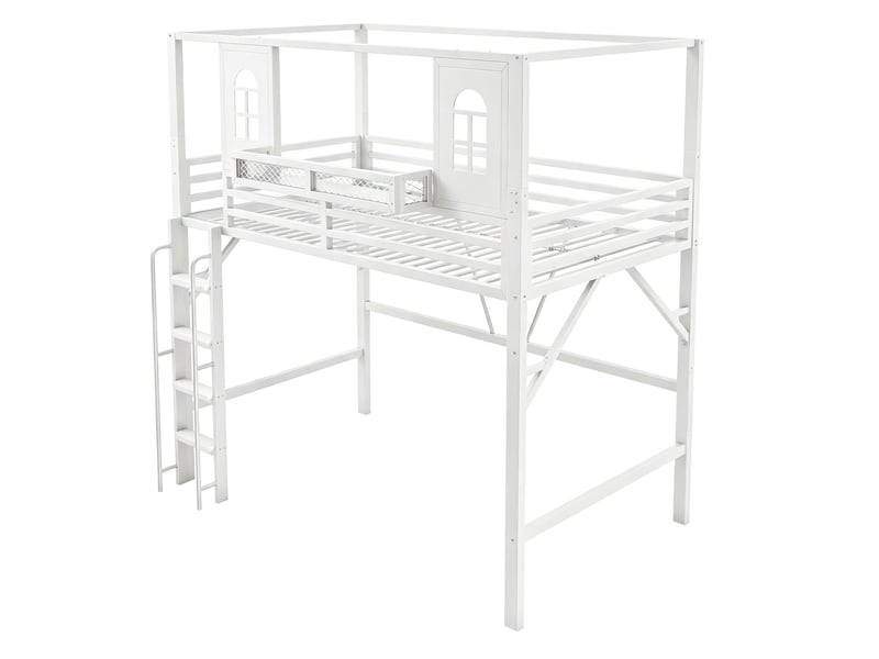  Lit enfant 90 x 200 cm espace de jeu fenêtre lit ado lit mezzanine multifonction structure en métal design toit échelle de sécurité compartiment de rangement finition blanche  - Conforama A