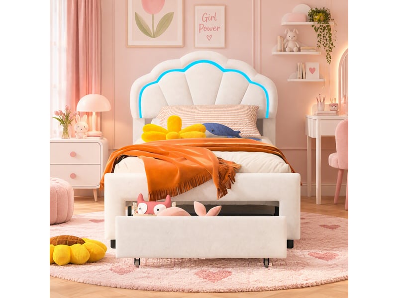  Lit enfant 90x200 avec tête de lit en forme de pétale, lit simple avec sommier à lattes, éclairage led, tiroir de rangement, blanc velours  - Conforama W