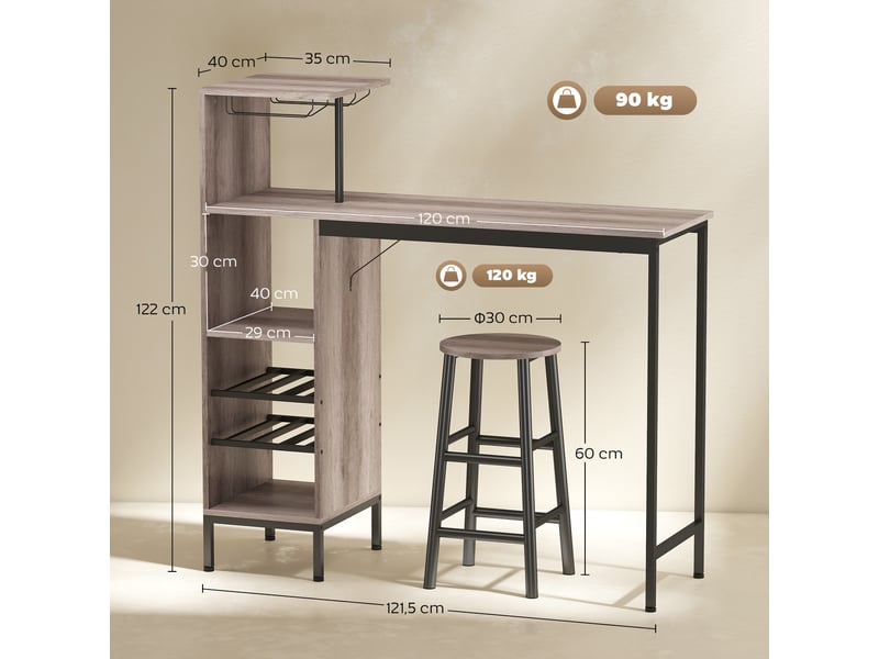 Ensemble table de bar avec tabourets, table à manger debout avec 2 chaises de bar étagères, casiers à vin, gris  - Conforama E