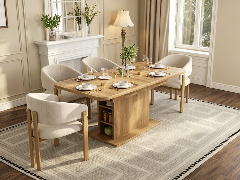  Ensemble table + 4 chaises de salle à manger, table extensible 110130 cm avec rangement, chaises métal effet bois et tissu lin, style moderne  - Conforama B