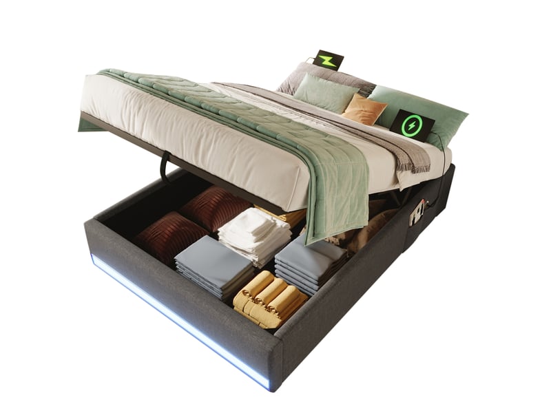  Modenvie lit coffre 90x200 cm - avec led multicolore, ports usb et usb-c, rangement hydraulique - gris  - Conforama A