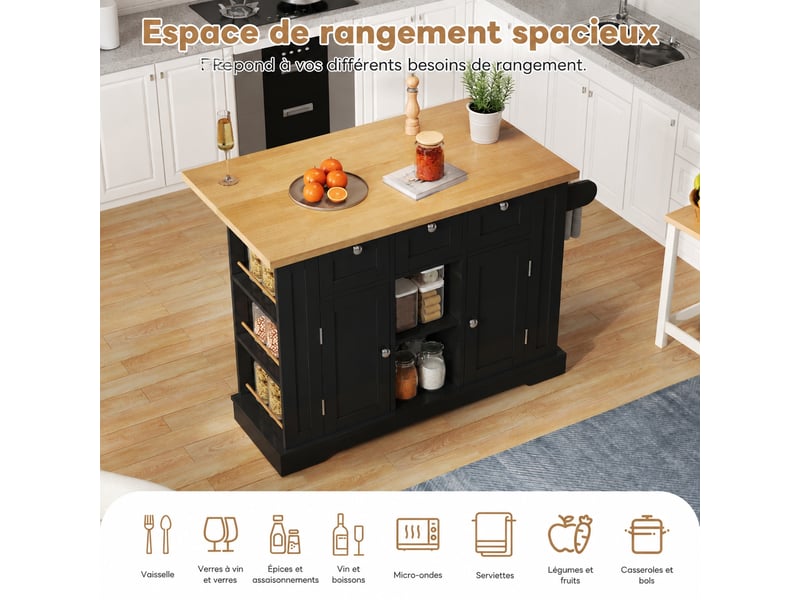 Îlot de cuisine mobile avec plan de travail rabattable, rangements et prise usb, naturel et noir - Conforama D