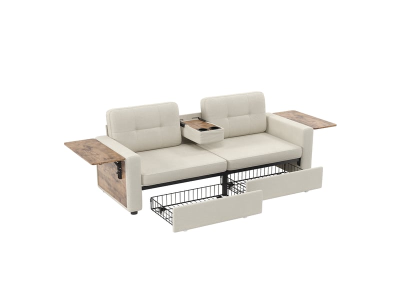  Canapé 2 places avec 2 tiroirs et tables réglables 178x71x57.5 cm beige  - Conforama E