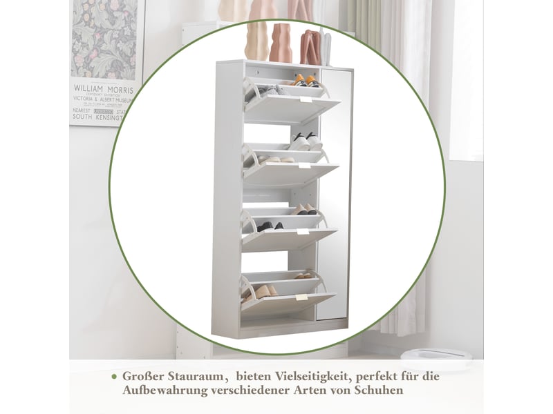  Meuble à chaussures avec miroir, 4 compartiments et étagères réglables pour entrée 80×24×147 cm blanc  - Conforama C
