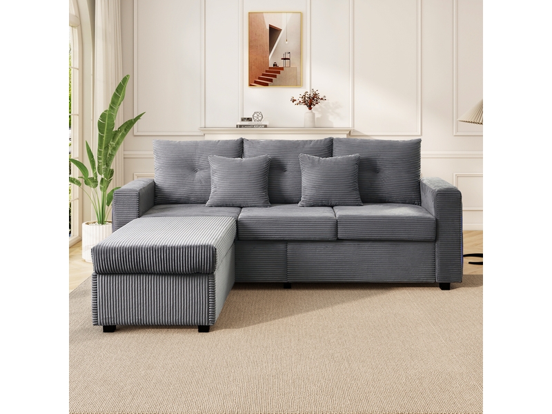  Canapé d'angle 3 places modulable en l avec led, 184 cm, ottoman amovible et velours côtelé  - Conforama W