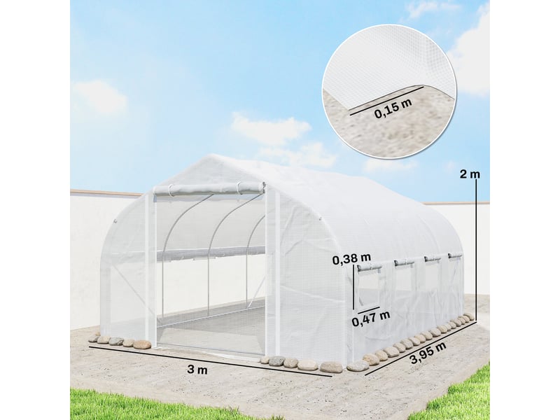 Serre tunnel de jardin 12 m², serre de jardin tunnel avec porte et 8 fenêtres, bâche pe 140 gm² 400 x 200 x 200cm blanc - Conforama E