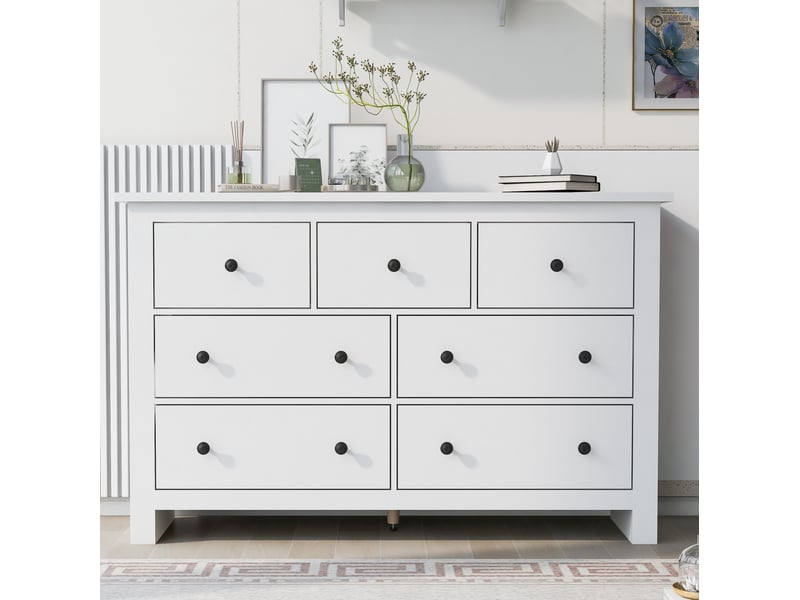  Commode 7 tiroirs 152x40x88,5 cm grande capacité, glissières soyeuses, style français, panneau de particules, blanc  - Conforama W