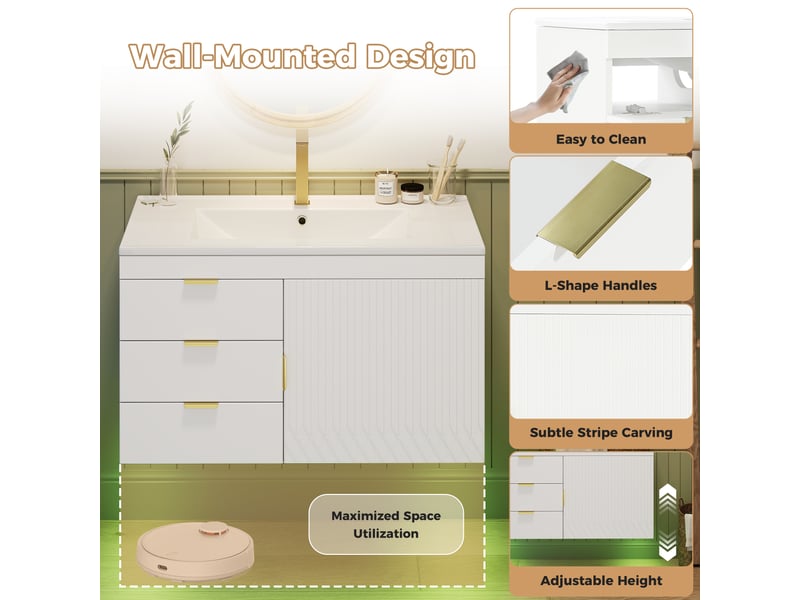  Meuble salle de bain suspendu 76 cm blanc avec led et vasque  - Conforama D