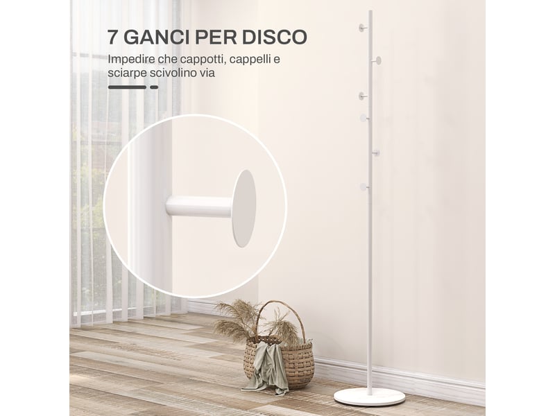 Porte-manteau sur pied avec 6 crochets disques et base en ardoise, en acier blanc, idéal pour l'entrée et la chambre. - Conforama E