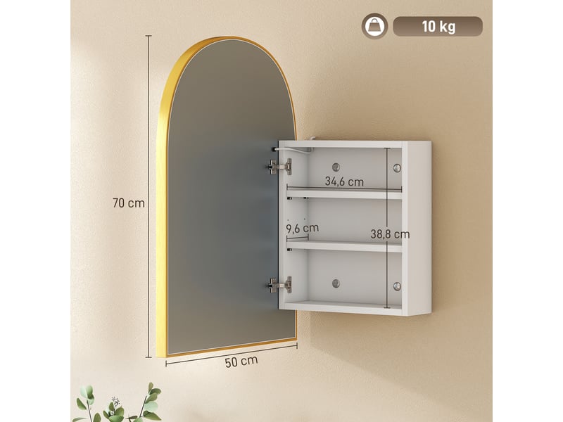  Armoire murale salle de bain avec miroir et éclairage led, porte arquée, anti-buée, doré, 50x14,5x70cm  - Conforama C