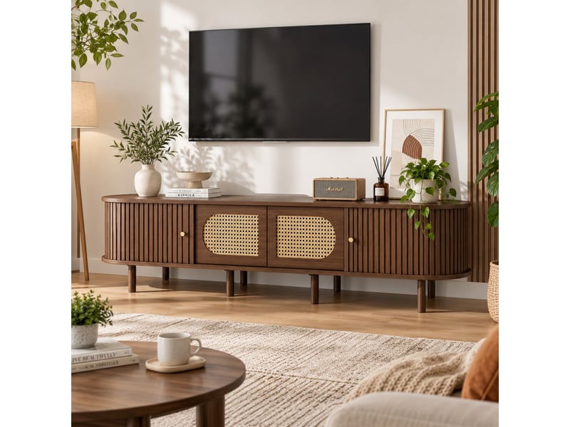 Meuble tv 180 cm décor noyer foncé avec portes effet rotin et portes coulissantes, pour tv jusqu’à 80 pouces  - Conforama E