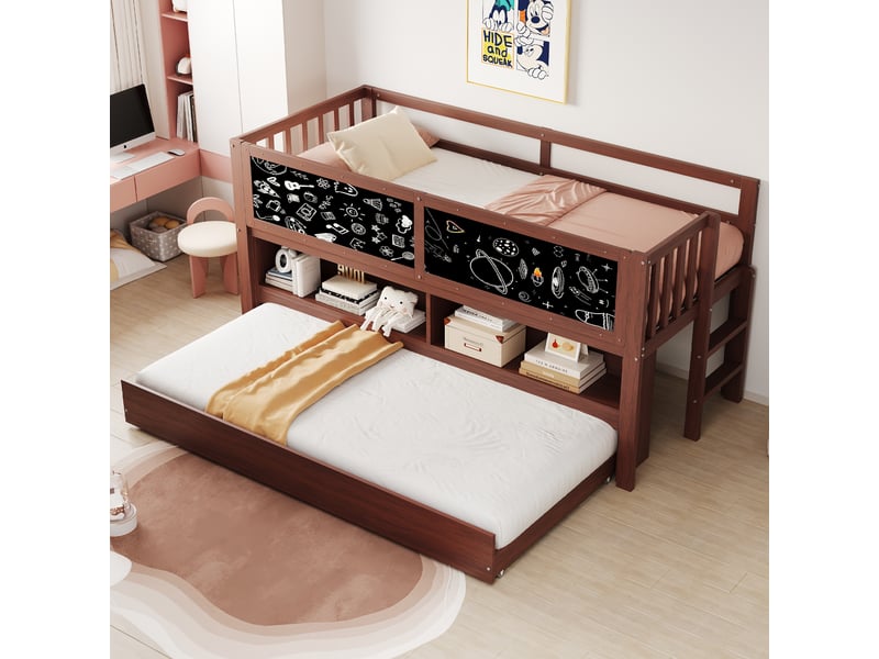  Lit enfant 90x200 cm avec échelle d'escalade, lit superposé en bois massif avec tableau noir, lit simple enfant, marron  - Conforama A