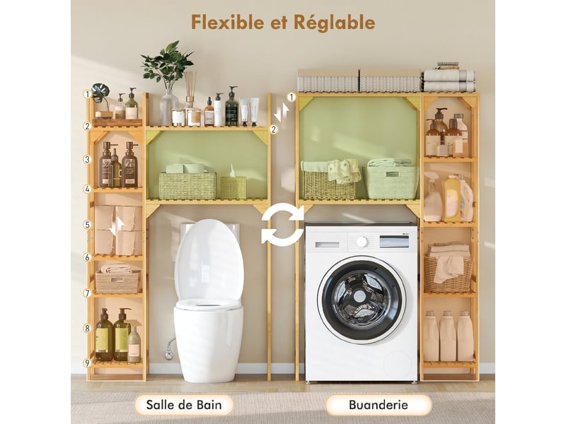 Étagère au-dessus de machine à laver en bambou, bois naturel, meuble de salle de bain moderne avec étagères réversibles - Conforama E