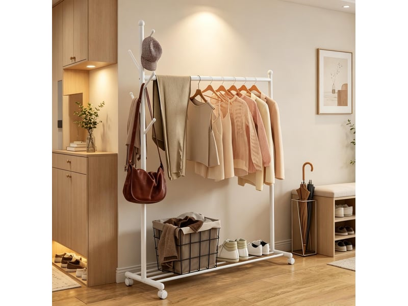  Portant à vêtements sur roulettes avec étagère à chaussures et 5 crochets, métal blanc  - Conforama B