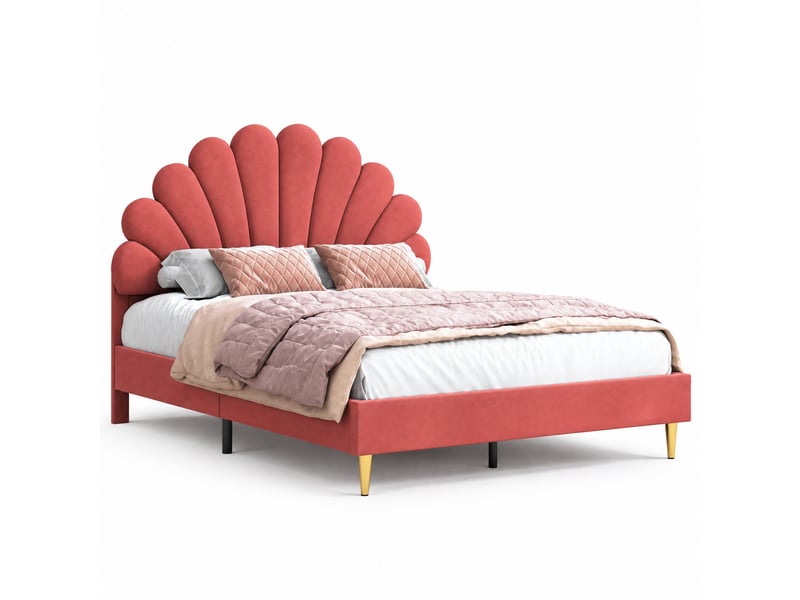  Lit enfant 140x200 cm cadre rembourré en velours, tête de lit design pétale, pieds métalliques dorés, structure stable charge 150kg  - Conforama A