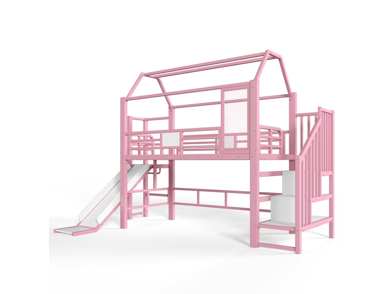 Lit mezzanine enfant rose 90 × 200 cm, forme maison, toboggan, escalier, rangement et led  - Conforama E
