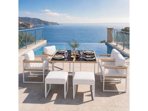 Salon de jardin 1 table, 4 fauteuils et 2 ottomans avec plateau en verre trempé, accoudoirs en wpc, métal blanc