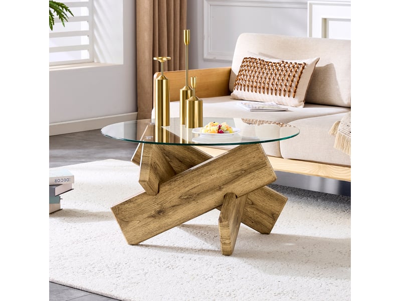  Table basse ronde avec base croisée et plateau en verre, style moderne, pour salon, en mdf et verre, transparent  - Conforama C