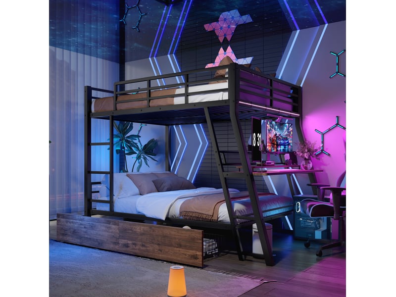  Lit superposé 140 x 200 gain de place bureau intégré tiroirs doubles led garde-corps escalier métal noir sans matelas  - Conforama D