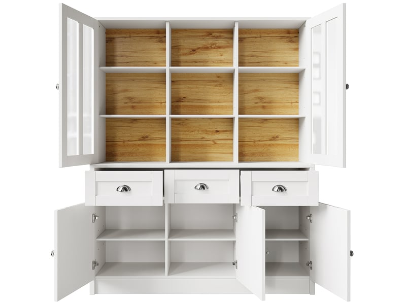  Meuble haut de rangement 140 x 38,5 x 175 cm blanc, mdf et acrylique, vitrine avec tiroirs  - Conforama D