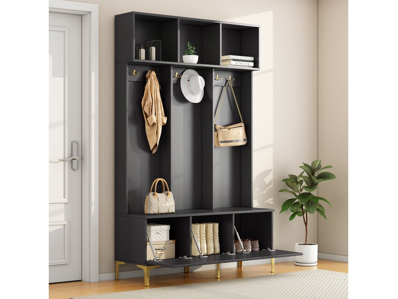 Meuble d'entrée avec banc, rangement ouvert, 6 crochets dorés, panneaux rainurés, pour couloir, noir, 120 × 40 × 191 cm - Conforama B