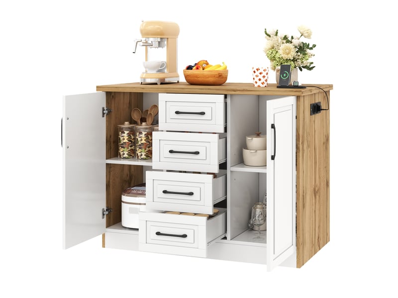  Îlot de cuisine avec prises intégrées, 4 tiroirs et étagères réglables, 120 x 60 x 90 cm  - Conforama A