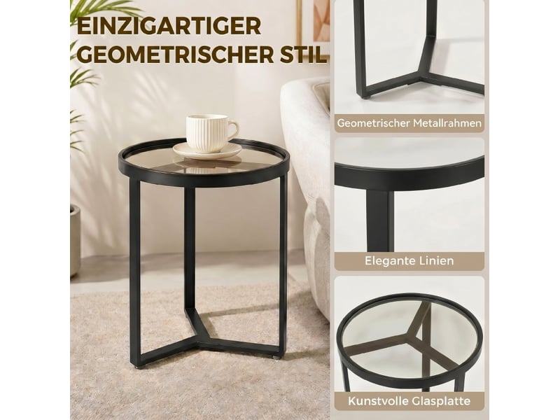 Table d'appoint ronde fixe en verre trempé, avec piètement géométrique métal noir pour salon 45 × 45 × 50 cm - Conforama E