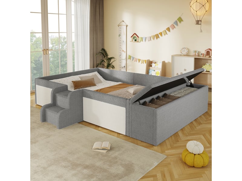  Lit banquette rembourré 140x190 cm en velours gris avec marches et rangement Morn Vibe - Conforama E