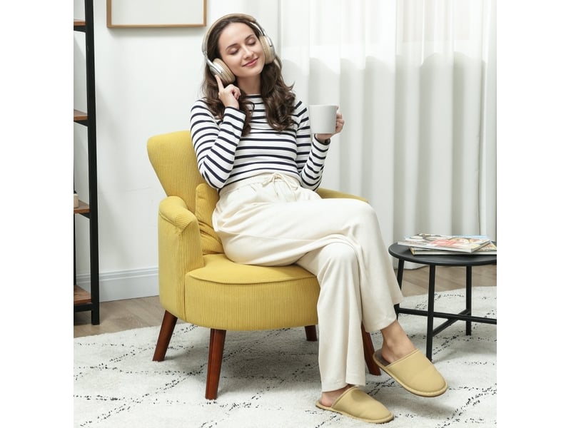  Fauteuil d'appoint moderne 69 x 69,5 x 78 cm, avec coussin lombaire lavable, tissu jaune, pieds en bois  - Conforama B