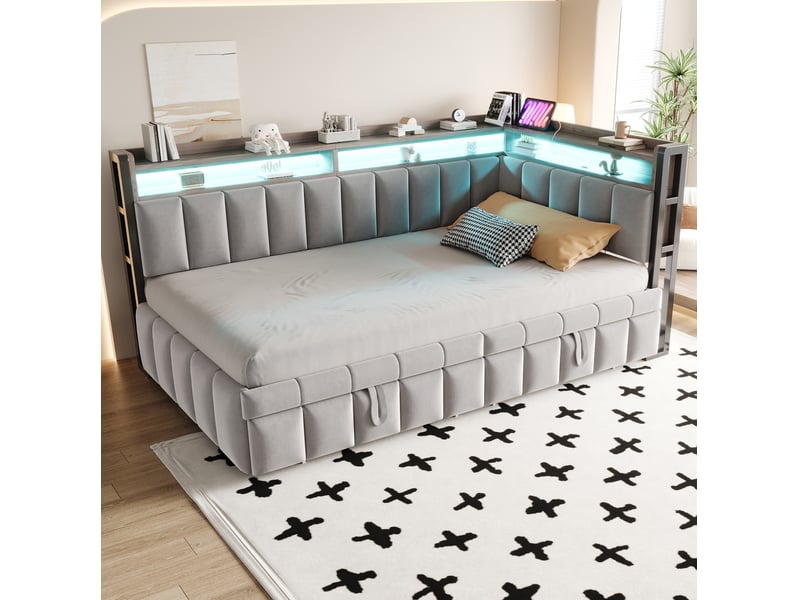 Lit gigogne 90x200 cm en velours gris clair avec led et usb - Conforama B